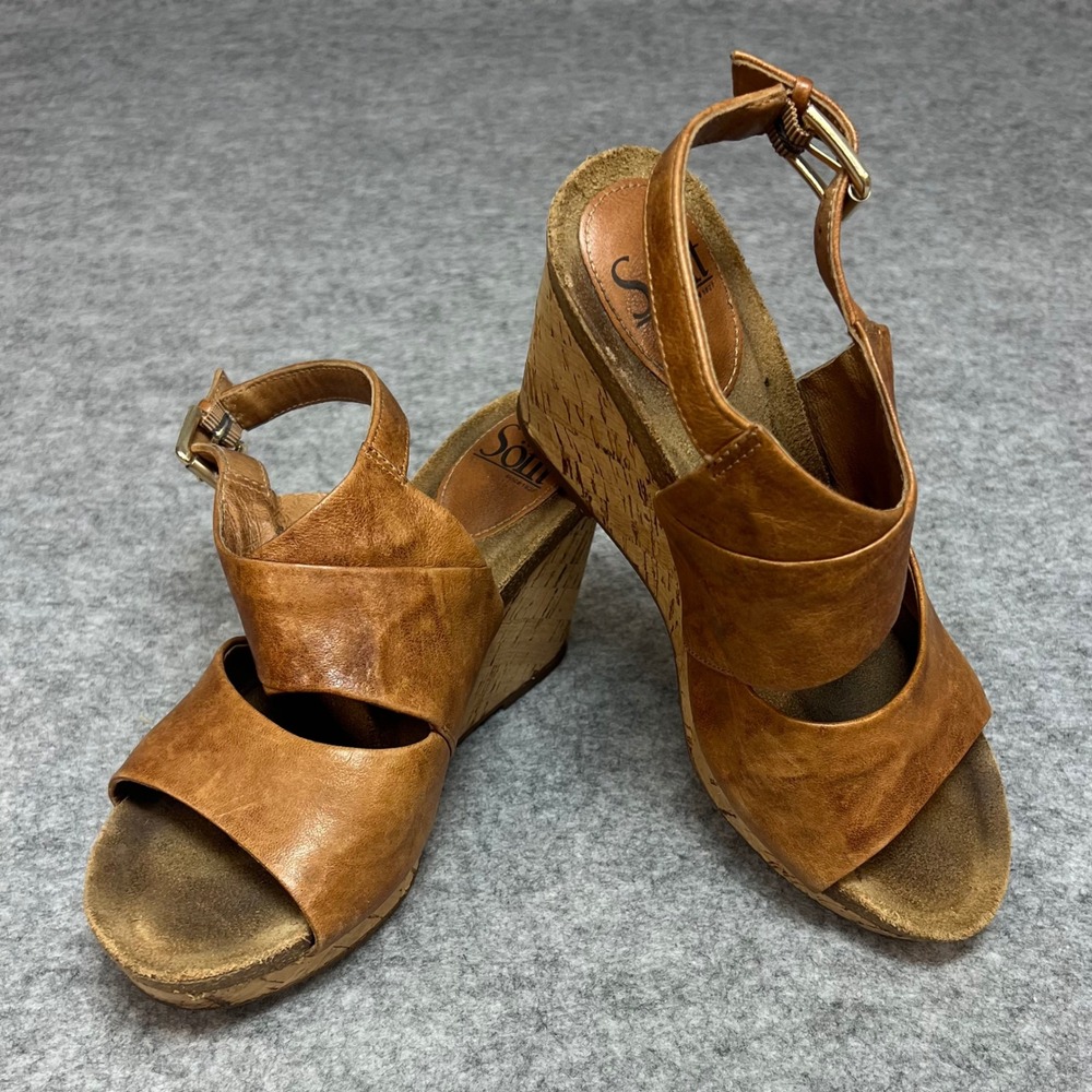 Sofft Women's Tan Brown Leather Cork Wedge Sandals Summer Size 8M
